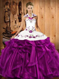 Eggplant Purple Ball Gowns Organza Halter Top Sleeveless Embroidery and Ruffles Floor Length Lace Up 15th Birthday Dress