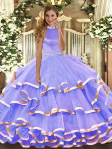 Fitting Lavender Halter Top Backless Beading and Ruffled Layers Quinceanera Gowns Sleeveless