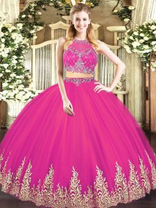 Low Price Sleeveless Tulle Floor Length Zipper Ball Gown Prom Dress in Hot Pink with Beading and Appliques