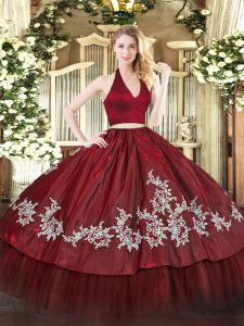 Shining Burgundy Sleeveless Floor Length Appliques Zipper Quinceanera Dress