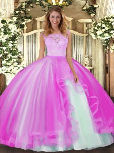 Fuchsia Clasp Handle Scoop Lace and Ruffles Sweet 16 Dress Tulle Sleeveless