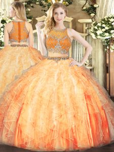 Top Selling Floor Length Zipper 15th Birthday Dress Orange Red for Military Ball and Quinceanera with Beading and Ruffles