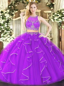 Designer Floor Length Purple 15 Quinceanera Dress Scoop Sleeveless Zipper