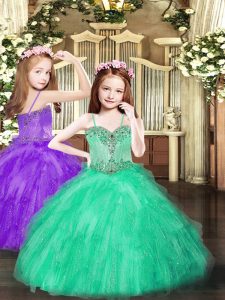 Latest Turquoise Sleeveless Beading and Ruffles Floor Length Pageant Dress