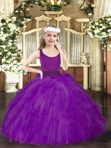 Admirable Purple Tulle Zipper Scoop Sleeveless Floor Length Pageant Gowns Beading