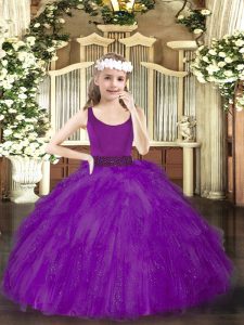 Admirable Purple Tulle Zipper Scoop Sleeveless Floor Length Pageant Gowns Beading