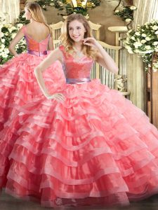Fancy Watermelon Red Ball Gowns Ruffled Layers Quinceanera Gown Zipper Organza Sleeveless Floor Length
