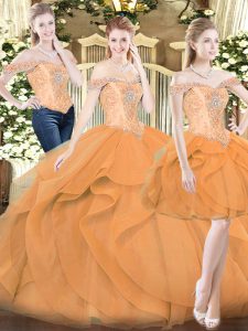 Sexy Orange Red Off The Shoulder Lace Up Ruffles Ball Gown Prom Dress Sleeveless