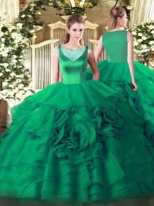 Turquoise Scoop Neckline Beading and Ruffled Layers Quince Ball Gowns Sleeveless Side Zipper