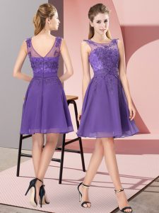 Lavender Empire Scoop Sleeveless Chiffon Knee Length Zipper Appliques Vestidos de Damas