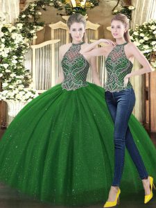 Superior Dark Green High-neck Neckline Beading Quinceanera Gowns Sleeveless Lace Up