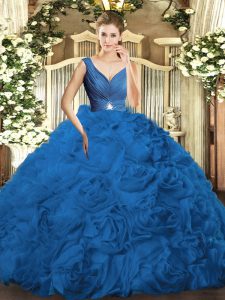 Floor Length Backless Quinceanera Gown Blue for Sweet 16 and Quinceanera with Beading and Ruching