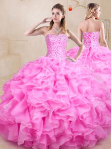 Popular Rose Pink Ball Gowns Sweetheart Sleeveless Organza Floor Length Lace Up Beading and Ruffles Sweet 16 Quinceanera Dress