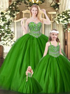 Edgy Green Ball Gowns Sweetheart Sleeveless Tulle Floor Length Lace Up Beading Sweet 16 Quinceanera Dress
