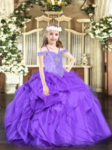 Lavender Off The Shoulder Neckline Beading and Ruffles Little Girls Pageant Dress Sleeveless Lace Up