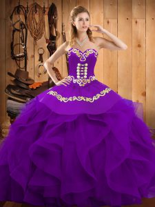 Embroidery and Ruffles Quinceanera Gown Purple Lace Up Sleeveless Floor Length