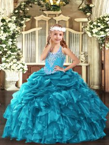 Teal Sleeveless Beading and Ruffles and Pick Ups Floor Length High School Pageant Dress