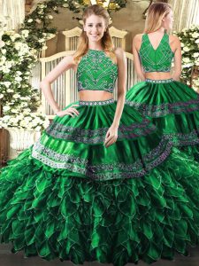 Vintage Sleeveless Zipper Floor Length Beading and Ruffles 15th Birthday Dress