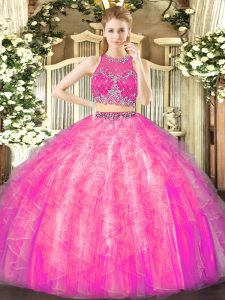 Fuchsia Zipper Quinceanera Gowns Beading and Ruffles Sleeveless Floor Length