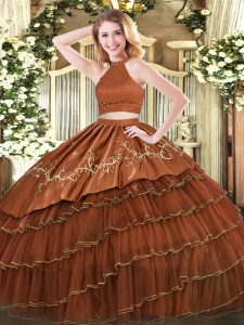 Graceful Brown Ball Gowns Halter Top Sleeveless Organza Floor Length Backless Beading and Embroidery and Ruffled Layers Quinceanera Dress