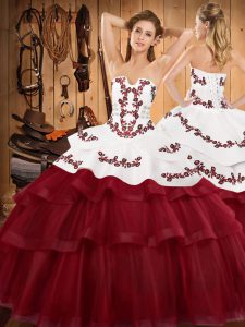 New Arrival Wine Red Ball Gowns Tulle Strapless Sleeveless Embroidery and Ruffled Layers Lace Up Sweet 16 Dress Sweep Train