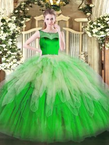 Popular Scoop Sleeveless Zipper 15 Quinceanera Dress Green Organza