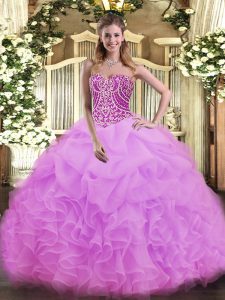 High End Sweetheart Sleeveless Quinceanera Gowns Floor Length Beading and Ruffles Lilac Organza