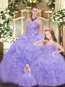 Organza Sweetheart Sleeveless Lace Up Beading and Ruffles 15th Birthday Dress in Lavender