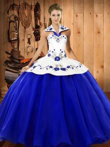 Blue And White Sleeveless Satin and Tulle Lace Up Sweet 16 Quinceanera Dress for Military Ball and Sweet 16 and Quinceanera