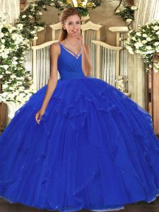 V-neck Sleeveless Quince Ball Gowns Floor Length Beading and Ruffles Blue Tulle