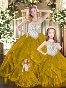 Fashionable Tulle Scoop Sleeveless Lace Up Beading and Ruffles Quinceanera Gown in Brown