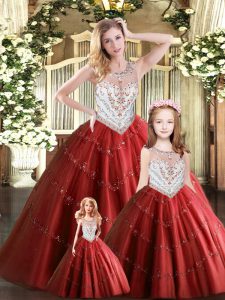 Beading Sweet 16 Dress Wine Red Lace Up Sleeveless Floor Length