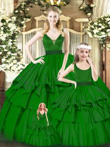 Vintage Green V-neck Zipper Beading and Ruffled Layers Ball Gown Prom Dress Sleeveless