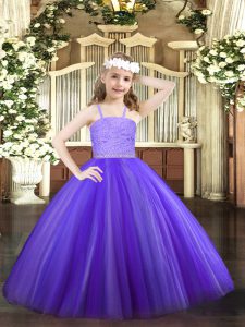 Lavender Zipper Little Girl Pageant Dress Beading and Lace Sleeveless Floor Length