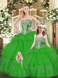 Charming Green Ball Gowns Organza Strapless Sleeveless Beading and Ruffled Layers Floor Length Lace Up Quince Ball Gowns