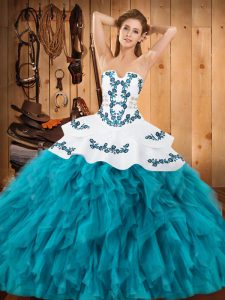 Artistic Floor Length Lace Up Quince Ball Gowns Teal for Military Ball and Sweet 16 and Quinceanera with Embroidery and Ruffles