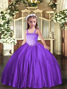 Fashion Lavender Ball Gowns Satin Straps Sleeveless Appliques Floor Length Lace Up Kids Pageant Dress
