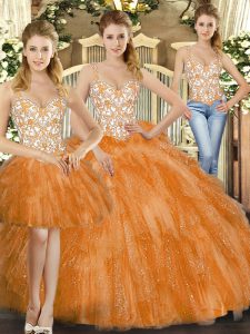 Fine Straps Sleeveless 15th Birthday Dress Floor Length Beading and Ruffles Orange Red Organza