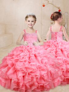 Affordable Watermelon Red Little Girls Pageant Dress Sweet 16 and Quinceanera with Beading and Ruffles Straps Sleeveless Lace Up