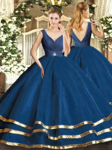 Hot Selling Teal Backless Sweet 16 Dresses Beading and Ruffled Layers Sleeveless Floor Length