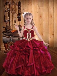 Red Ball Gowns Organza Straps Sleeveless Embroidery and Ruffles Floor Length Lace Up Kids Formal Wear