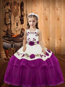 Fuchsia Little Girl Pageant Gowns Sweet 16 and Quinceanera with Embroidery and Ruffled Layers Straps Sleeveless Lace Up