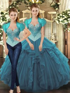 Stylish Sleeveless Tulle Floor Length Lace Up Ball Gown Prom Dress in Teal with Beading and Ruffles