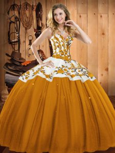 Floor Length Lace Up 15 Quinceanera Dress Gold for Military Ball and Sweet 16 and Quinceanera with Embroidery