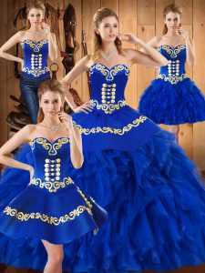 Deluxe Blue Quinceanera Gown Military Ball and Sweet 16 and Quinceanera with Embroidery and Ruffles Sweetheart Sleeveless Lace Up