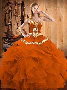 Decent Rust Red Ball Gowns Satin and Organza Sweetheart Sleeveless Embroidery and Ruffles Floor Length Lace Up Sweet 16 Dress