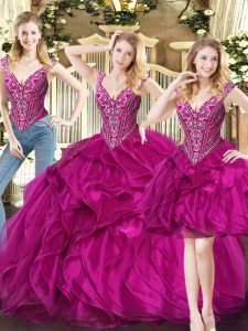 Fuchsia Three Pieces Ruffles Vestidos de Quinceanera Lace Up Organza Sleeveless Floor Length