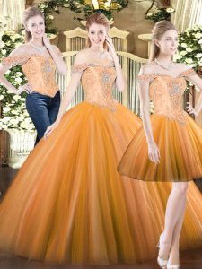 Orange Red 15 Quinceanera Dress Military Ball and Sweet 16 and Quinceanera with Beading Off The Shoulder Sleeveless Lace Up