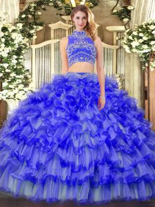 Spectacular Blue Sleeveless Beading and Ruffled Layers Floor Length Quinceanera Gowns