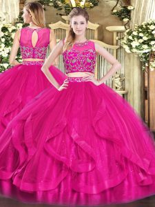 Hot Pink Tulle Zipper Sweet 16 Quinceanera Dress Sleeveless Floor Length Beading and Ruffles
